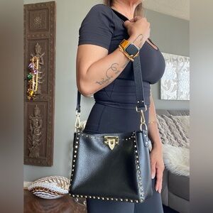 Rockstud Style Shoulder Bag Messenger Crossbody Black Gold Hardware